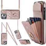 For iPhone 13 Pro Rhombic Texture Card Bag Phone Case with Long Lanyard(Rose Gold)