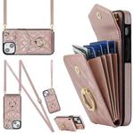 For iPhone 13 Rhombic Texture Card Bag Phone Case with Long Lanyard(Rose Gold)