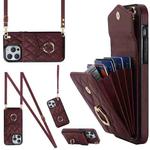 For iPhone 12 / 12 Pro Rhombic Texture Card Bag Phone Case with Long Lanyard(Wine Red)