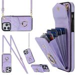 For iPhone 12 / 12 Pro Rhombic Texture Card Bag Phone Case with Long Lanyard(Light Purple)