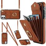 For iPhone 11 Rhombic Texture Card Bag Phone Case with Long Lanyard(Brown)