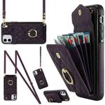 For iPhone 11 Rhombic Texture Card Bag Phone Case with Long Lanyard(Dark Purple)