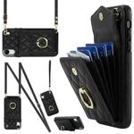 For iPhone XR Rhombic Texture Card Bag Phone Case with Long Lanyard(Black)