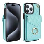 For iPhone 15 Pro Rhombic Texture Card Bag Phone Case with Long Lanyard(Mint Green)