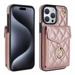 For iPhone 15 Pro Rhombic Texture Card Bag Phone Case with Long Lanyard(Rose Gold)