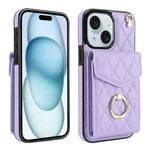 For iPhone 15 Plus Rhombic Texture Card Bag Phone Case with Long Lanyard(Light Purple)