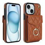 For iPhone 15 Rhombic Texture Card Bag Phone Case with Long Lanyard(Brown)