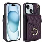 For iPhone 15 Rhombic Texture Card Bag Phone Case with Long Lanyard(Dark Purple)