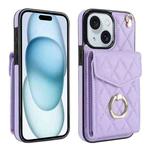 For iPhone 15 Rhombic Texture Card Bag Phone Case with Long Lanyard(Light Purple)