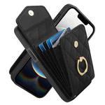 For iPhone 16e Rhombic Texture Card Bag Phone Case with Long Lanyard(Black)