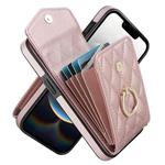 For iPhone 16e Rhombic Texture Card Bag Phone Case with Long Lanyard(Rose Gold)