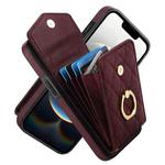 For iPhone 16e Rhombic Texture Card Bag Phone Case with Long Lanyard(Wine Red)