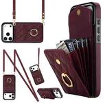 For iPhone 17 Pro Max Rhombic Texture Card Bag Phone Case with Long Lanyard(Wine Red)