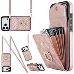 For iPhone 17 Pro Rhombic Texture Card Bag Phone Case with Long Lanyard(Rose Gold)