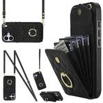 For iPhone 17 Rhombic Texture Card Bag Phone Case with Long Lanyard(Black)