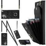 For Samsung Galaxy S23 Ultra 5G Rhombic Texture Card Bag Phone Case with Long Lanyard(Black)
