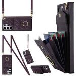 For Samsung Galaxy S23 Ultra 5G Rhombic Texture Card Bag Phone Case with Long Lanyard(Dark Purple)
