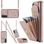 For Samsung Galaxy S24+ 5G Rhombic Texture Card Bag Phone Case with Long Lanyard(Rose Gold)