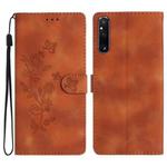For Sony Xperia 1 V Flower Butterfly Embossing Pattern Leather Phone Case(Brown)