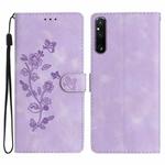 For Sony Xperia 1 V Flower Butterfly Embossing Pattern Leather Phone Case(Purple)