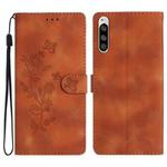 For Sony Xperia 5 Flower Butterfly Embossing Pattern Leather Phone Case(Brown)
