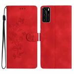 For Huawei P40 Flower Butterfly Embossing Pattern Leather Phone Case(Red)