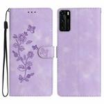 For Huawei P40 Flower Butterfly Embossing Pattern Leather Phone Case(Purple)