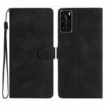 For Huawei P40 Flower Butterfly Embossing Pattern Leather Phone Case(Black)