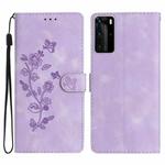 For Huawei P40 Pro Flower Butterfly Embossing Pattern Leather Phone Case(Purple)