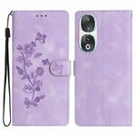 For Honor 90 Flower Butterfly Embossing Pattern Leather Phone Case(Purple)