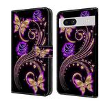 For Google Pixel 7a Crystal 3D Shockproof Protective Leather Phone Case(Purple Flower Butterfly)