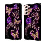 For Samsung Galaxy S21 Crystal 3D Shockproof Protective Leather Phone Case(Purple Flower Butterfly)