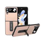 For Samsung Galaxy Z Flip4 Genuine Leather + PC Litchi Texture Phone Case with Holder(Pink Gold)