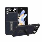 For Samsung Galaxy Z Flip4 Cross Texture Genuine Leather Phone Case with Holder(Blue)