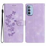 For Motorola Moto G62 5G Flower Butterfly Embossing Pattern Leather Phone Case(Purple)