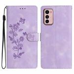 For Motorola Moto G42 Flower Butterfly Embossing Pattern Leather Phone Case(Purple)
