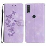 For Motorola One Action Flower Butterfly Embossing Pattern Leather Phone Case(Purple)