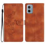 For Motorola Moto E15 Flower Butterfly Embossing Pattern Leather Phone Case(Brown)