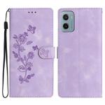 For Motorola Moto E15 Flower Butterfly Embossing Pattern Leather Phone Case(Purple)