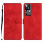 For Xiaomi 12T / 12T Pro Flower Butterfly Embossing Pattern Leather Phone Case(Red)