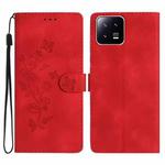 For Xiaomi 13 Flower Butterfly Embossing Pattern Leather Phone Case(Red)