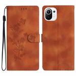 For Xiaomi Mi 11 Lite Flower Butterfly Embossing Pattern Leather Phone Case(Brown)