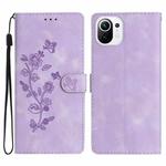 For Xiaomi Mi 11 Lite Flower Butterfly Embossing Pattern Leather Phone Case(Purple)
