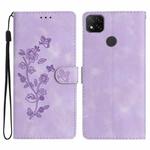 For Xiaomi Redmi 9C Flower Butterfly Embossing Pattern Leather Phone Case(Purple)