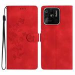 For Xiaomi Redmi 10C Flower Butterfly Embossing Pattern Leather Phone Case(Red)