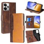 For Realme 14 5G Global Contrast Color Side Buckle Leather Phone Case(Dark Brown + Gold)