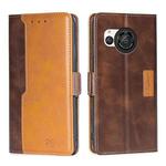 For Sharp Aquos R8 SH-52D Contrast Color Side Buckle Leather Phone Case(Dark Brown + Gold)