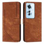 For OPPO Reno11 F Skin Feel Stripe Pattern Leather Phone Case with Lanyard(Brown)