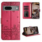 For Google Pixel 7 5G Cat Embossing Pattern Leather Phone Case with Lanyard(Red)