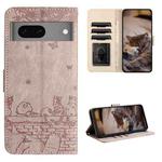 For Google Pixel 7 5G Cat Embossing Pattern Leather Phone Case with Lanyard(Grey)